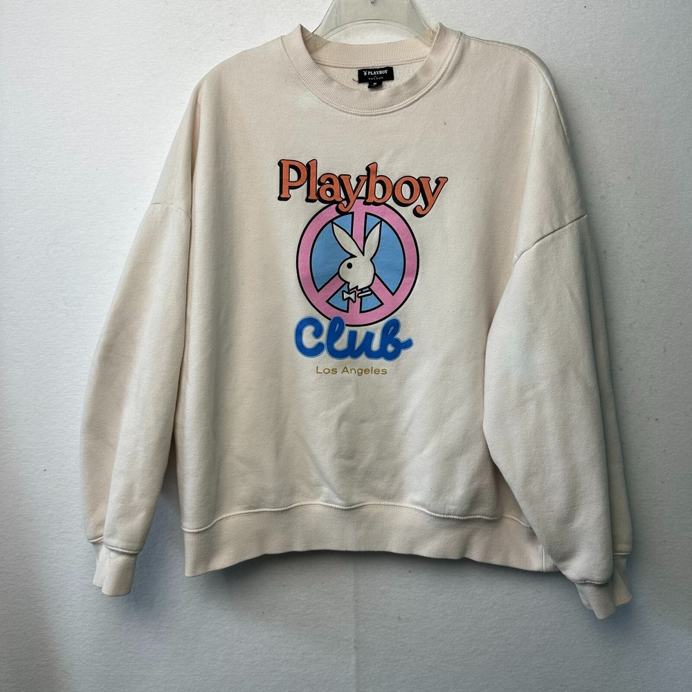 Playboy PacSun Los Angeles Club Peace Sign Sweatshirt Cream Mens Med M Oversize